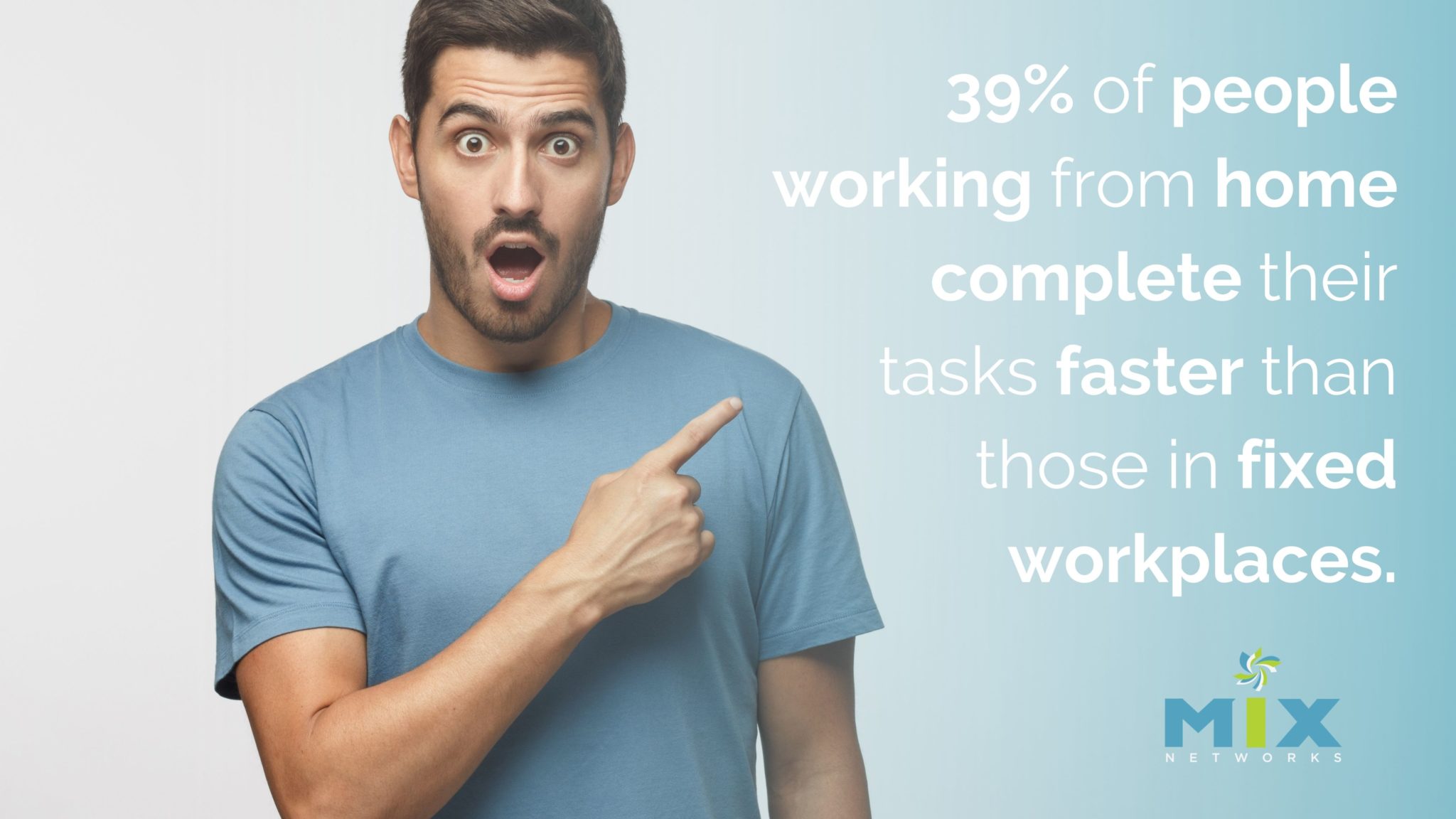 Shocked man pointing at stat Unified Communications Enables Remote Work